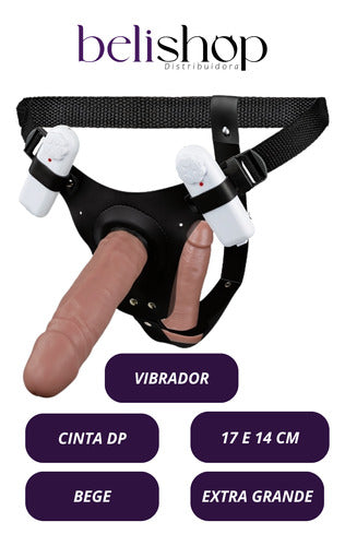 Cinta Com Prótese Dupla e Vibrador Duplo 17x4cm e 14x3,5cm